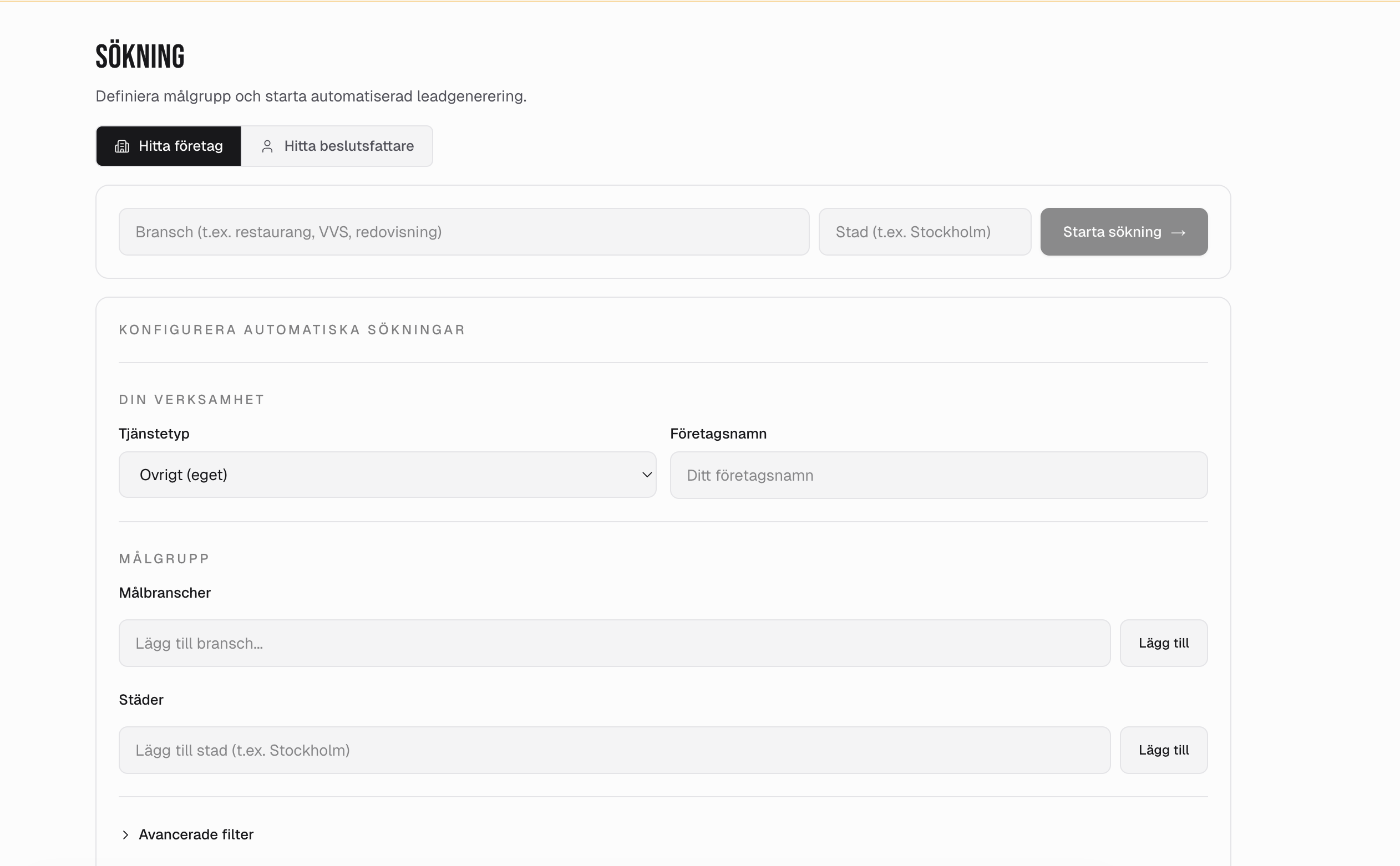 Sök företag — vy i LCS LEADS-plattformen